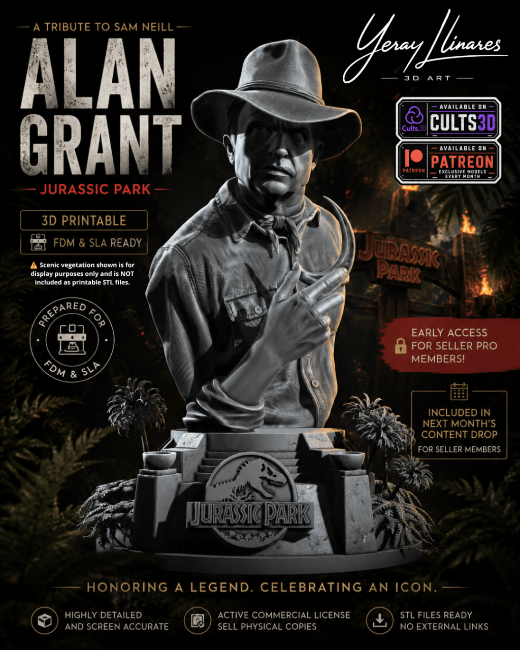Alan Grant Tribute Bust STL – Escultura 3D imprimible inspirada en Jurassic&nbsp;Park