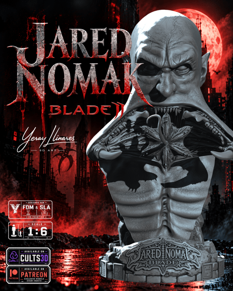 Escultura 3D de Jared Nomak del videojuego Blade II, mostrando un rostro feroz y detalles elaborados en un ambiente oscuro y ominoso.