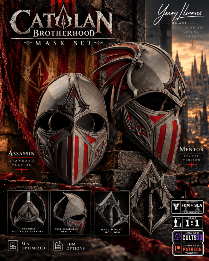 Conjunto de máscaras de la Hermandad Catalana que incluye versiones para Asesino y Mentor, con detalles de diseño sofisticados y opciones de montaje en pared.