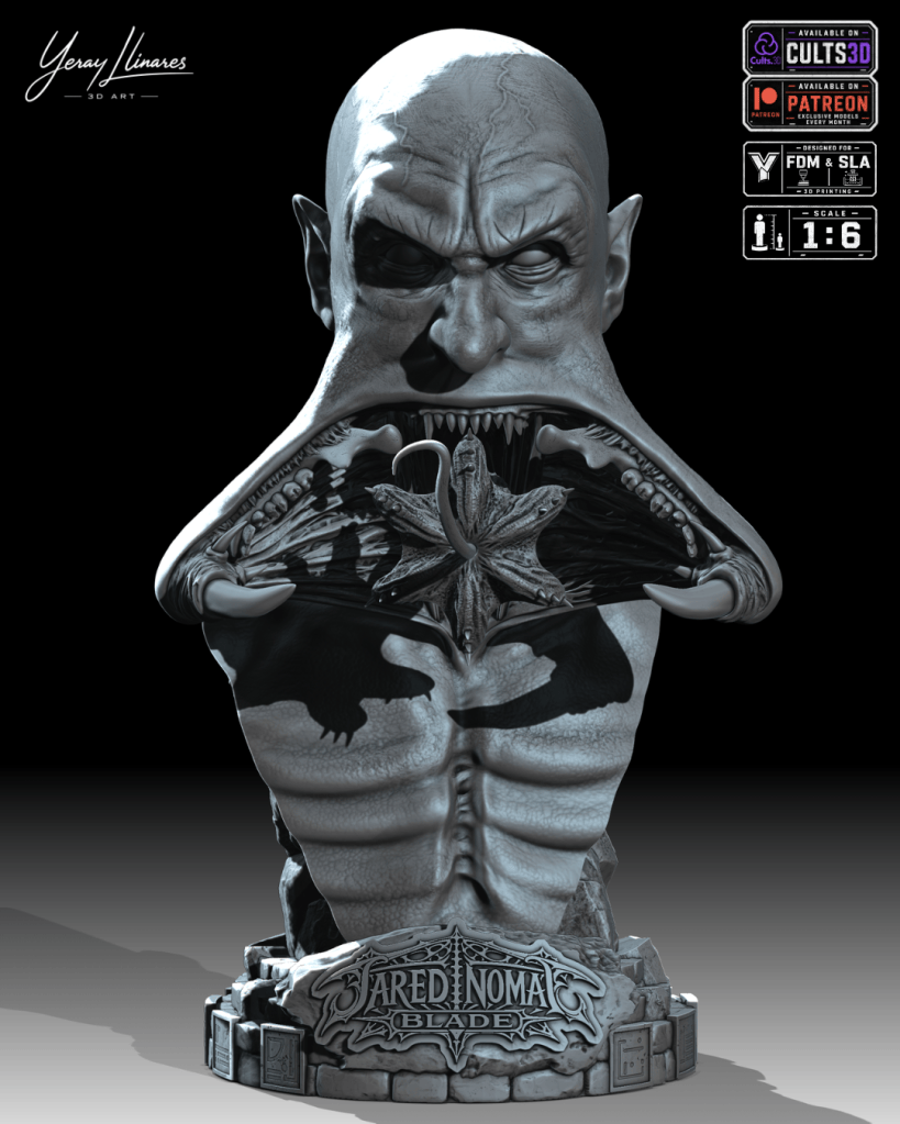 Escultura en 3D de un personaje con expresión intensa y detalles elaborados en su torso, mostrando elementos de diseño oscuro y fantasioso.