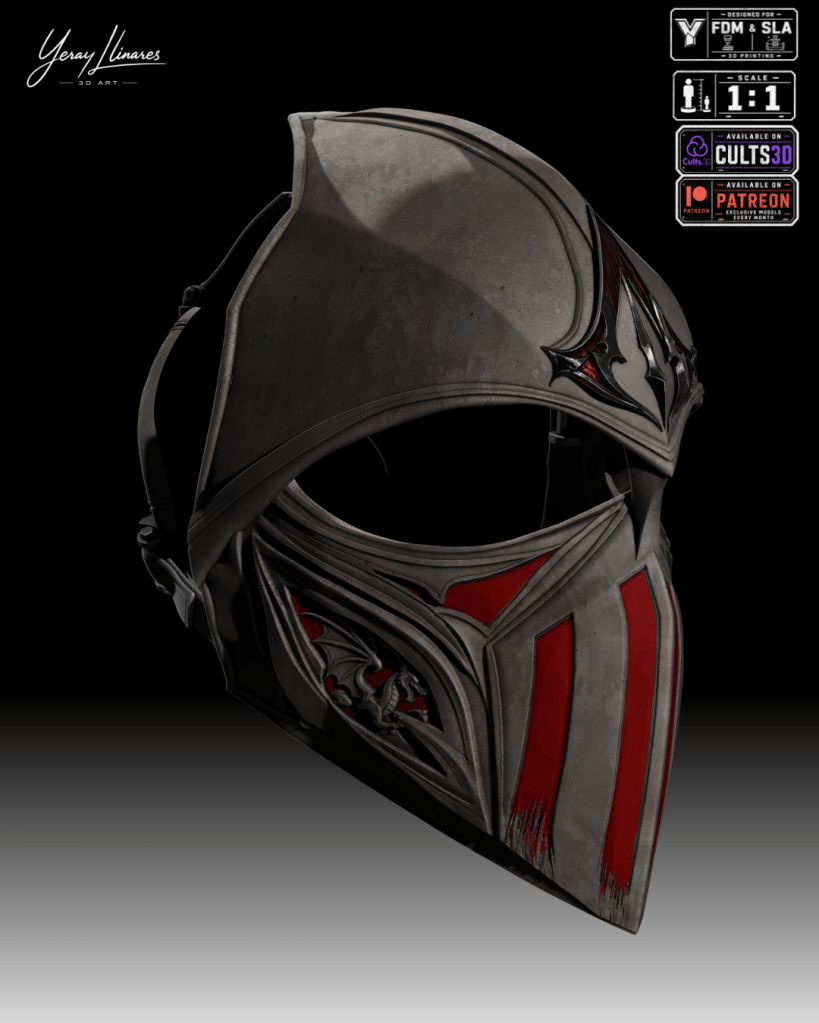 Un casco de diseño elaborado con detalles en rojo y un acabado envejecido, presentado sobre un fondo negro.
