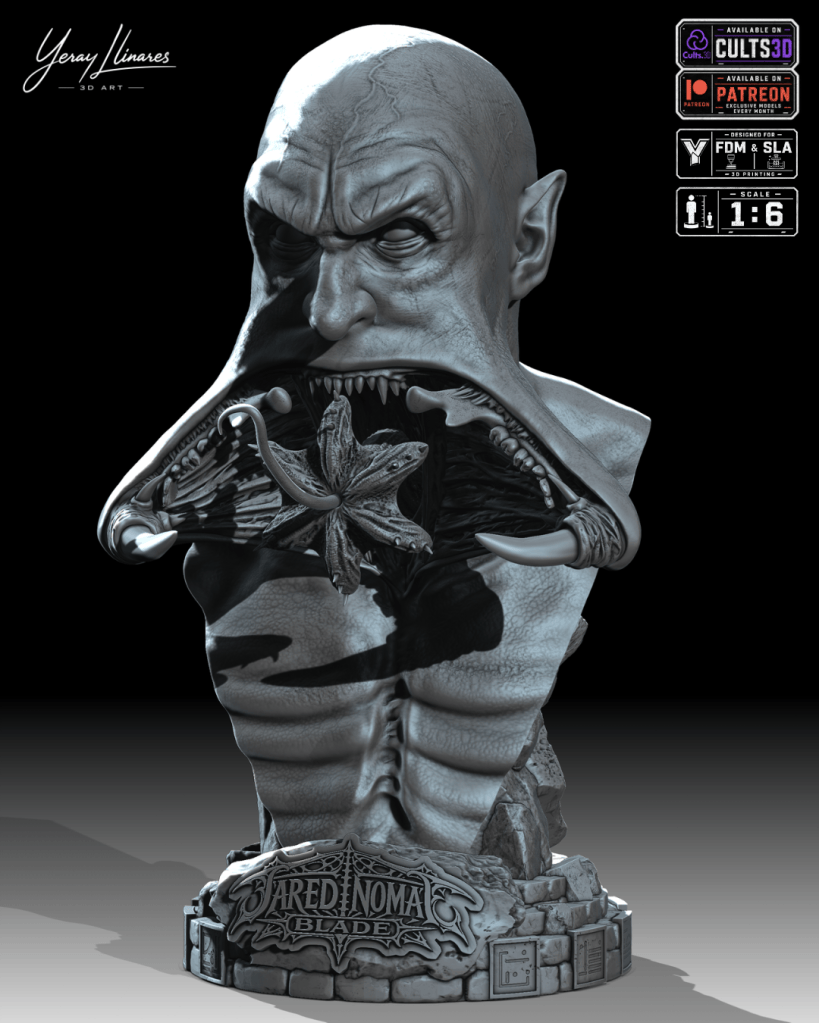 Escultura en 3D de un personaje con una expresión feroz, mostrando un rostro esculpido que sale de una boca increíblemente detallada, con un fondo oscuro.