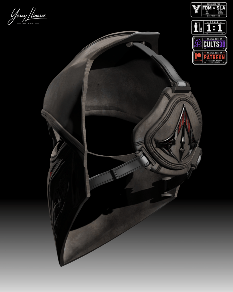 Un casco de diseño futurista con detalles intricados, mostrando una textura oscura y un emblema en la parte frontal.