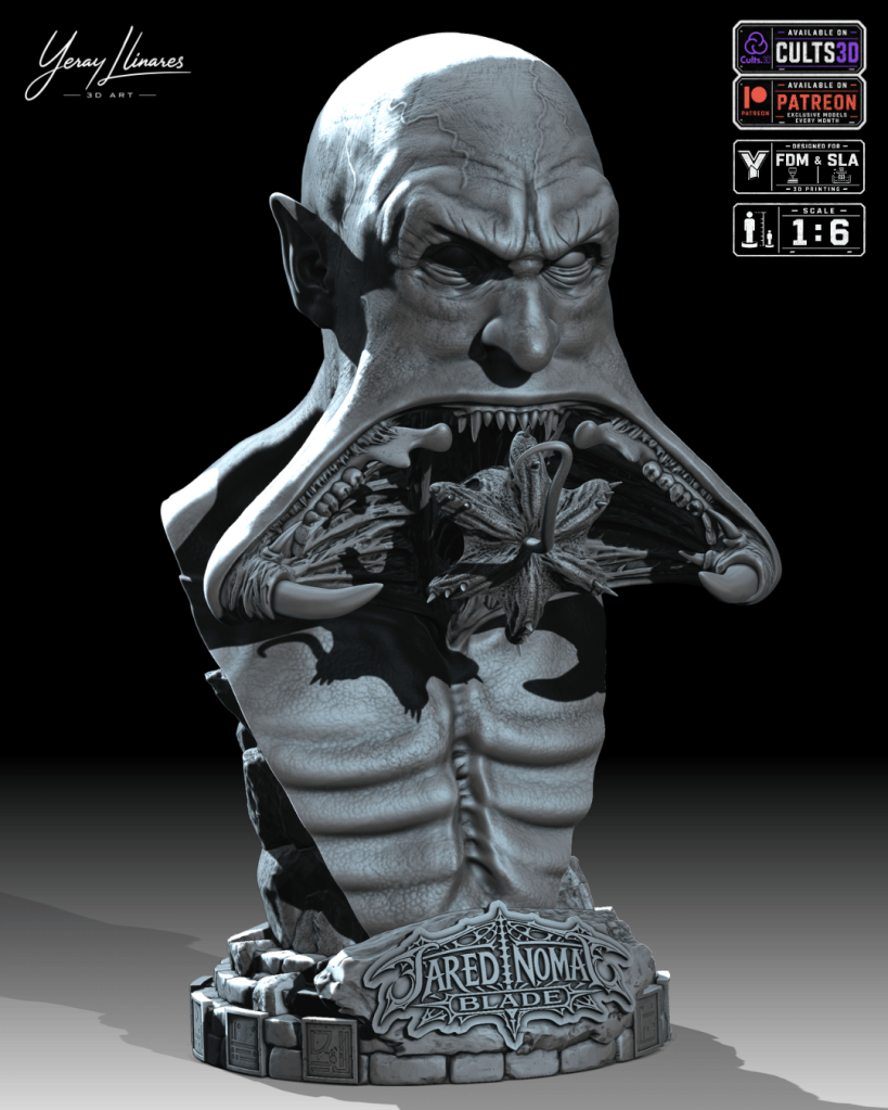 Escultura en 3D de un busto facial con expresión feroz y una boca que revela detalles grotescos, presentado sobre una base decorativa con el texto 'JARED NOMAD BLADE'.
