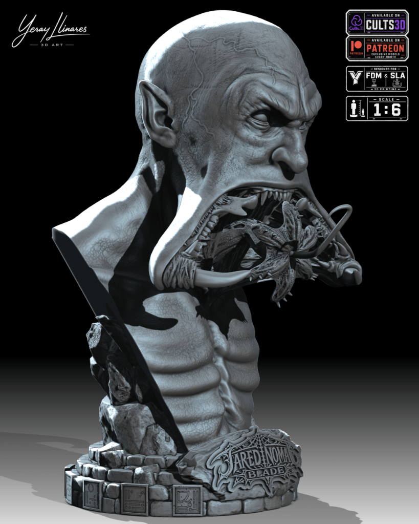 Escultura en 3D de un personaje con rasgos grotescos, mostrando un rostro atormentado y una enorme boca que sostiene en sus fauces una criatura, con detalles musculares y rocosos en la base.