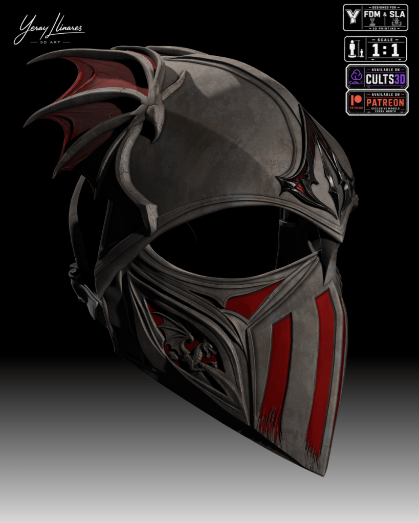 Un casco de diseño detallado con elementos de dragón y detalles en rojo, sobre un fondo negro.