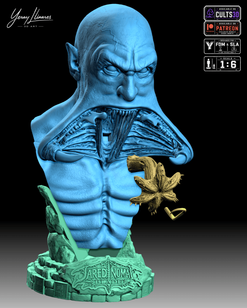 Escultura en 3D de un rostro monstruoso con un diseño detallado, mostrando una expresión intensa y musculatura definida. Incluye elementos adicionales como una figura amarilla y un objeto en forma de corazón. Base decorativa con el nombre 'Jared Noma Blade'.