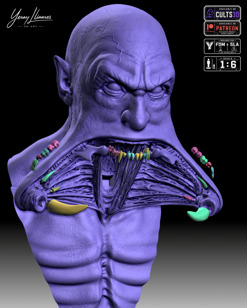 Escultura en 3D de un personaje de aspecto extraño con una expresión facial intensa, mostrando detalles anatómicos y una coloración púrpura.