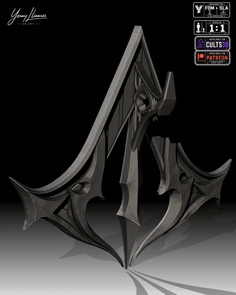 Modelo 3D de un diseño de espada con un acabado oscuro y detalles ornamentales, presentado sobre un fondo negro.