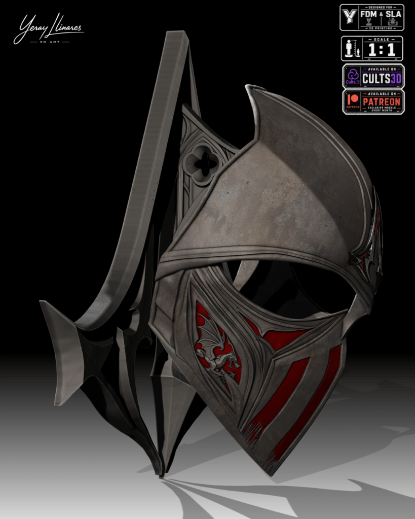 Imagen de un casco detallado con adornos rojos y un diseño de dragón, ubicado sobre un fondo negro.
