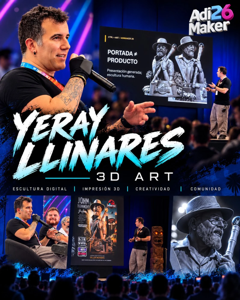 Yeray Llinares presenta su trabajo en arte 3D, destacando la escultura digital y la impresión 3D en un evento de AdiMaker 26. La pantalla detrás muestra ejemplos de su escultura humana.
