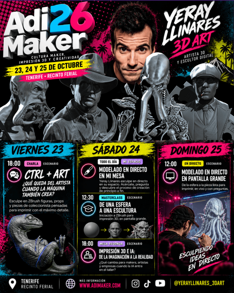 Cartel del evento AdriMaker 26, con información sobre actividades como modelado 3D y charlas, incluyendo la participación de Yeray Llinares.